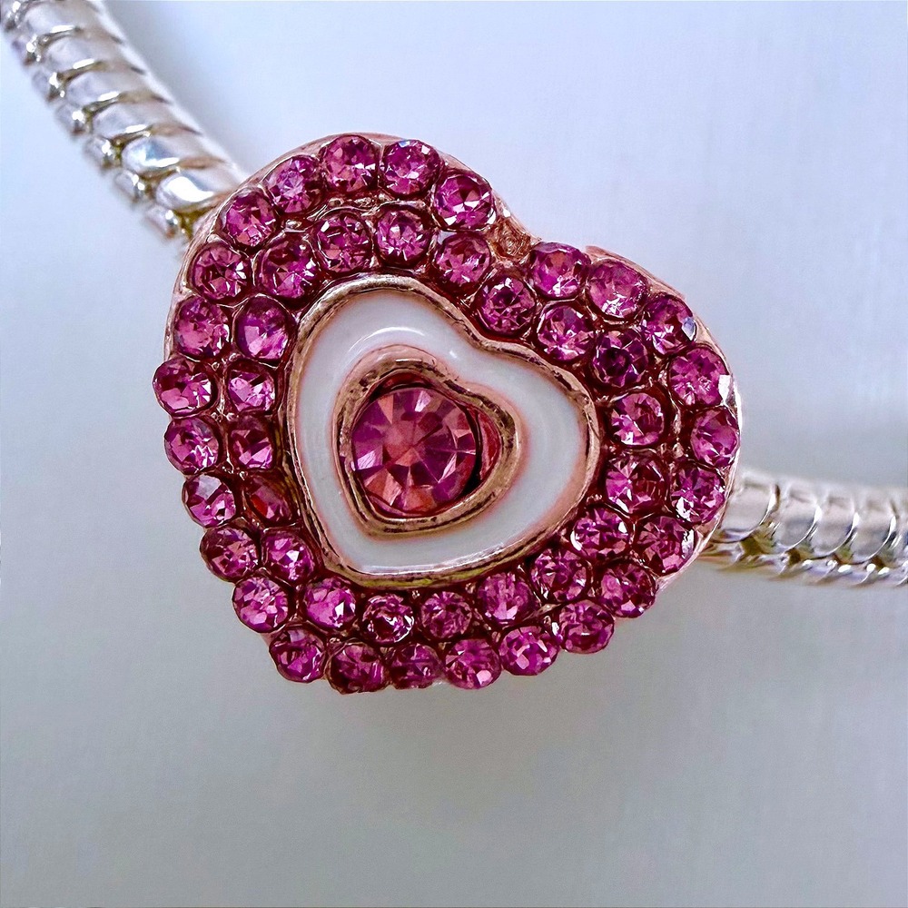 Silver Bead Charm‎ Fits Snake Chain Bracelet Rose Gold Pink Heart Rhinestone